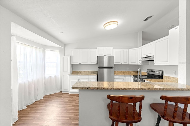 10016 SW 62nd Cir, Ocala, FL 34476 - kitchen with stainless steel appliances, under cabinet range hood, vaulted ceiling, a peninsula, and a kitchen bar