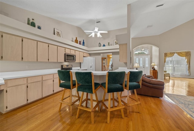 11147 SW 53rd Cir, Ocala, FL 34476 - kitchen featuring stainless steel appliances, high vaulted ceiling, light countertops, light brown cabinets, and light wood-type flooring