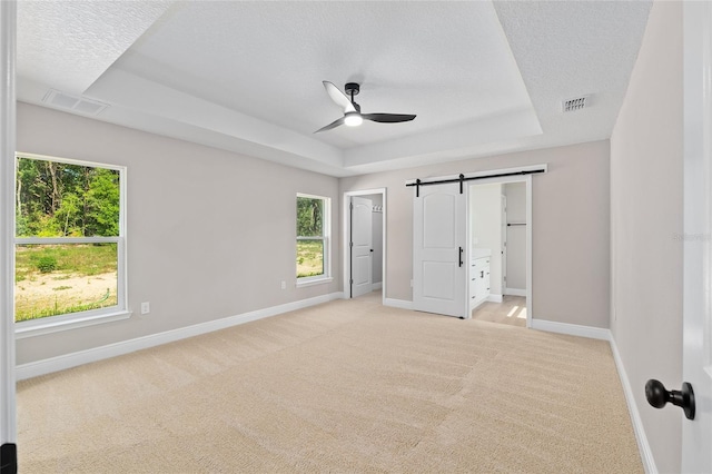8293 SE 158th St, Summerfield, FL 34491 - unfurnished bedroom with a tray ceiling, baseboards, a barn door, light colored carpet, and a textured ceiling