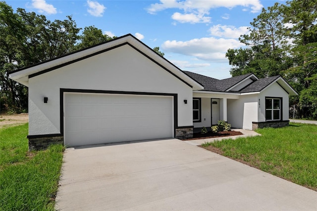 8293 SE 158th St, Summerfield, FL 34491 - ranch-style home featuring stucco siding, concrete driveway, a garage, a front yard, and stone siding