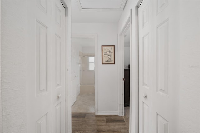 1601 NE 47th Ct, Ocala, FL 34470 - hall featuring wood finished floors, attic access, and baseboards