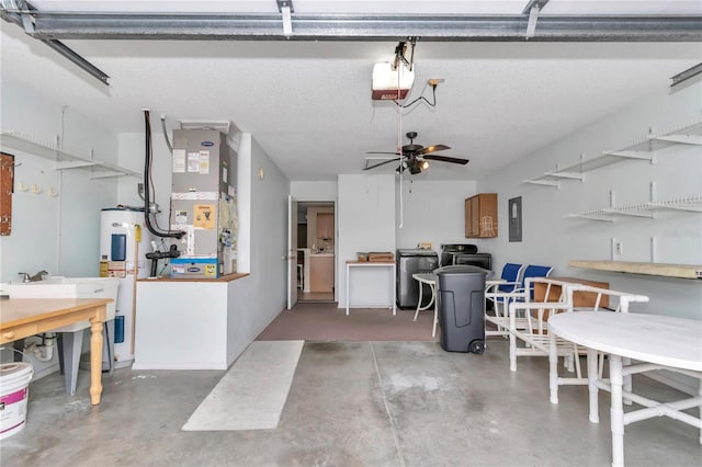 2608 Botello Ave, The Villages, FL 32162 - garage featuring electric panel, a garage door opener, electric water heater, heating unit, and a ceiling fan
