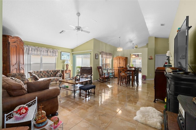 10468 S Drew Bryant Cir, Floral City, FL 34436 - living room with a ceiling fan and high vaulted ceiling