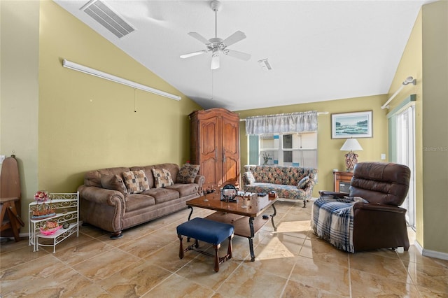 10468 S Drew Bryant Cir, Floral City, FL 34436 - living area featuring a ceiling fan, light tile patterned floors, and high vaulted ceiling