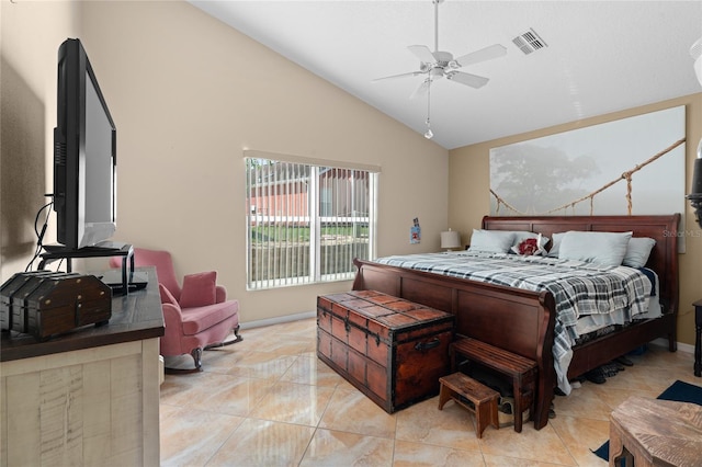 10468 S Drew Bryant Cir, Floral City, FL 34436 - bedroom featuring high vaulted ceiling, light tile patterned flooring, a ceiling fan, and baseboards