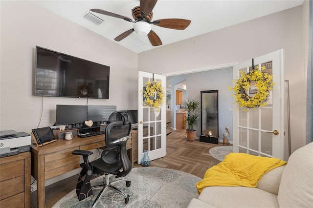 12804 SE 90th Court Rd, Summerfield, FL 34491 - home office with ceiling fan, lofted ceiling, and french doors
