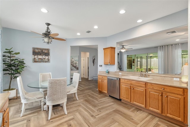 12804 SE 90th Court Rd, Summerfield, FL 34491 - kitchen featuring stainless steel dishwasher, ceiling fan, a sink, light countertops, and recessed lighting
