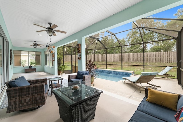 12804 SE 90th Court Rd, Summerfield, FL 34491 - view of patio featuring an outdoor hangout area, a lanai, and a ceiling fan