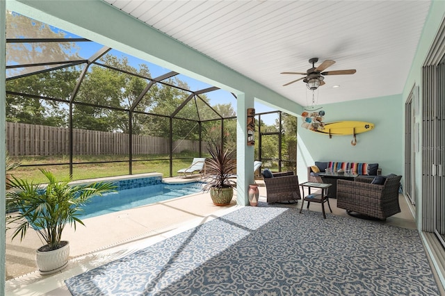 12804 SE 90th Court Rd, Summerfield, FL 34491 - view of pool with outdoor lounge area, a ceiling fan, a patio area, a fenced backyard, and a lanai