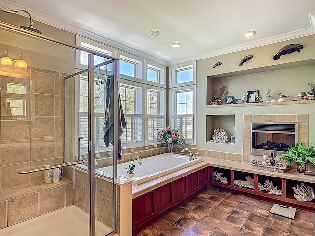 1575 S Wallace Pt Unit 23, Crystal River, FL 34429 - full bathroom with a bath, crown molding, a shower stall, and a fireplace