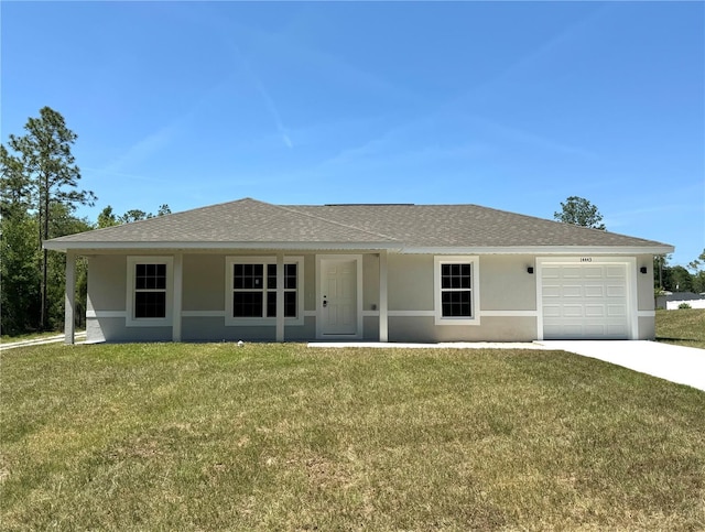 14443 SW 21st Pl, Ocala, FL 34481 - ranch-style house featuring stucco siding, a front lawn, an attached garage, and driveway