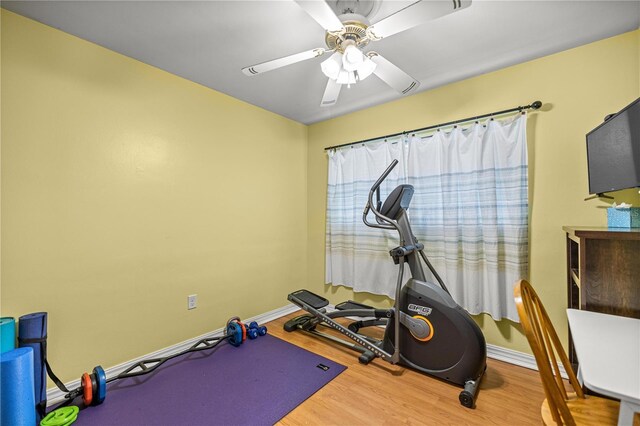 705 Washington Ave, Eustis, FL 32726 - workout area featuring wood finished floors, a ceiling fan, and baseboards