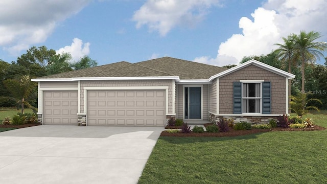 12809 NW 13th Ln, Newberry, FL 32669 - single story home with stone siding, driveway, an attached garage, a front lawn, and roof with shingles