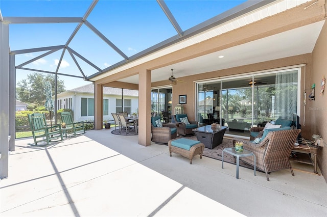 7333 SW 98th Ct, Ocala, FL 34481 - view of patio / terrace featuring an outdoor hangout area, ceiling fan, a lanai, and outdoor dining area