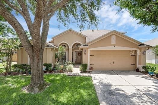 2434 Walnut Heights Rd, Apopka, FL 32703 - view of front of home with stucco siding, a garage, driveway, and a front lawn