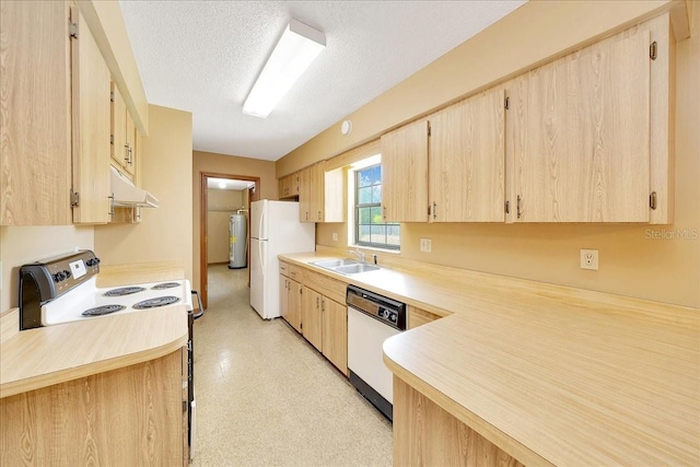 4331 SE 106th Pl, Belleview, FL 34420 - kitchen featuring white appliances, light brown cabinets, under cabinet range hood, light countertops, and a textured ceiling