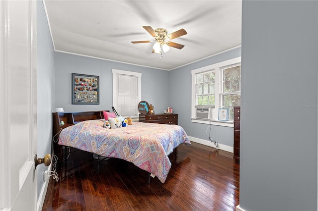1405 NE 55th St, Ocala, FL 34479 - bedroom with ornamental molding, hardwood / wood-style floors, baseboards, cooling unit, and ceiling fan