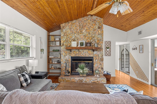 2475 SW 7th Ave, Ocala, FL 34471 - living area featuring a ceiling fan, wood finished floors, a stone fireplace, wooden ceiling, and high vaulted ceiling