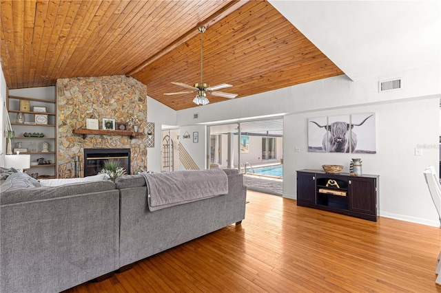 2475 SW 7th Ave, Ocala, FL 34471 - living area with ceiling fan, vaulted ceiling, wooden ceiling, wood finished floors, and a stone fireplace