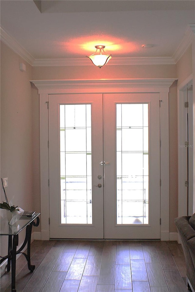 5306 W Comstock Pl, Beverly Hills, FL 34465 - doorway to outside featuring french doors, ornamental molding, baseboards, and wood finished floors