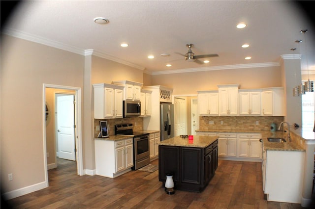 5306 W Comstock Pl, Beverly Hills, FL 34465 - kitchen featuring stainless steel appliances, ceiling fan, dark wood-type flooring, white cabinets, and light stone countertops