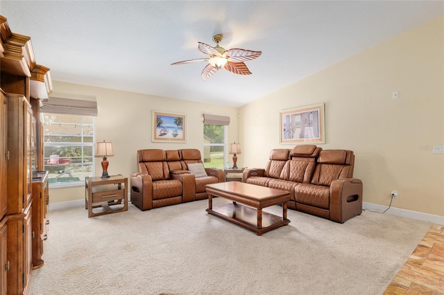 12495 SW 66th St, Ocala, FL 34481 - living area with a ceiling fan, baseboards, lofted ceiling, and light carpet