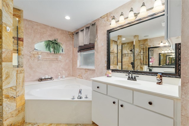 12495 SW 66th St, Ocala, FL 34481 - full bathroom with a bath, vanity, a tile shower, and tile walls