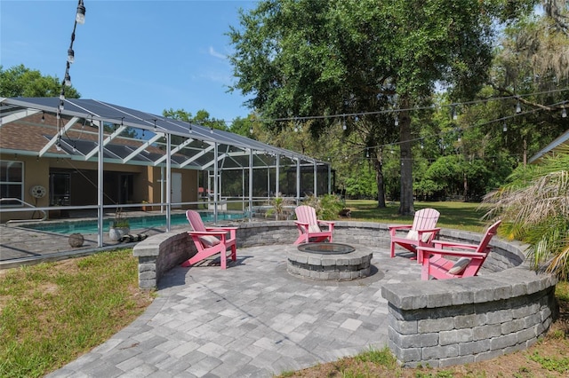12495 SW 66th St, Ocala, FL 34481 - view of patio with a fire pit, an outdoor pool, and glass enclosure