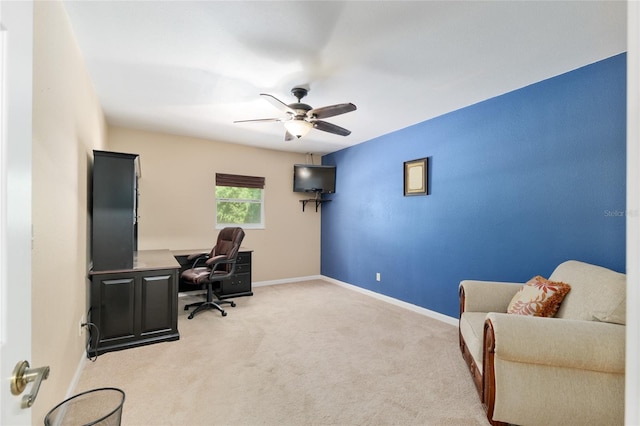 12495 SW 66th St, Ocala, FL 34481 - home office with light carpet, ceiling fan, and baseboards
