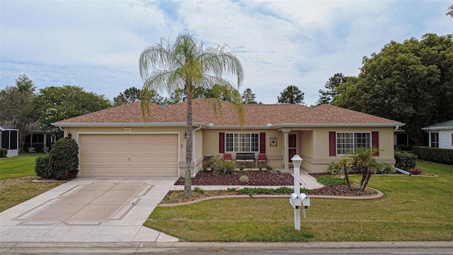 9891 SE 138th Loop, Summerfield, FL 34491 - ranch-style house with a garage, stucco siding, driveway, and a front lawn