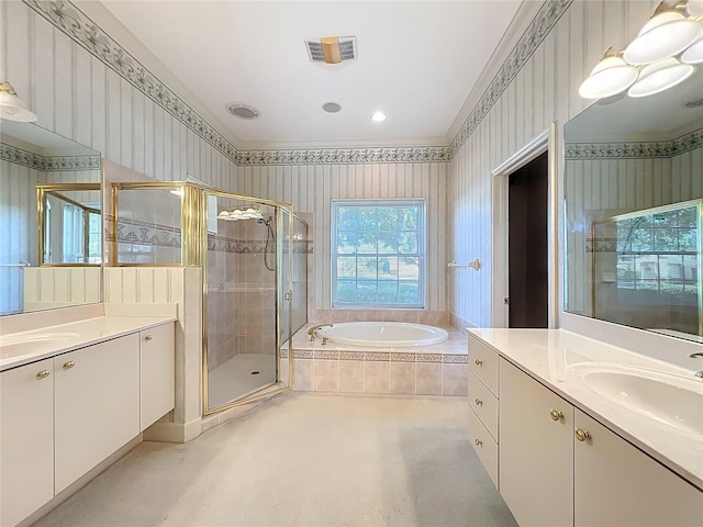 16 Ryewood Cir, Homosassa, FL 34446 - bathroom featuring wallpapered walls, a stall shower, two vanities, a bath, and recessed lighting
