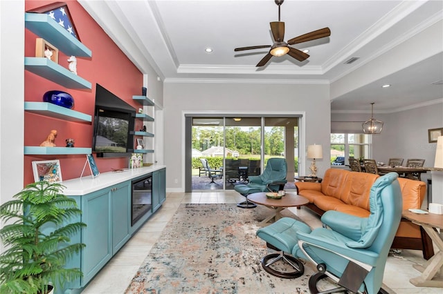 7210 SW 179th Ct, Dunnellon, FL 34432 - living area with a ceiling fan, ornamental molding, light tile patterned flooring, recessed lighting, and a raised ceiling