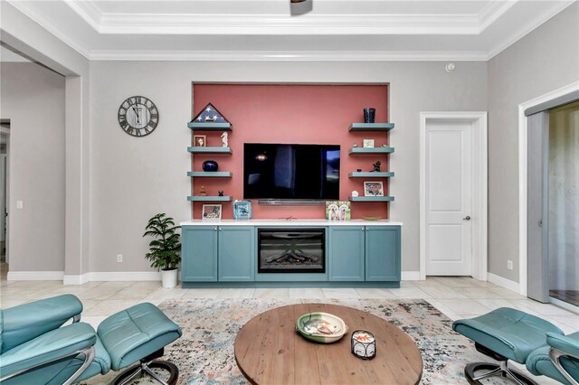 7210 SW 179th Ct, Dunnellon, FL 34432 - living room with crown molding, light tile patterned flooring, and baseboards