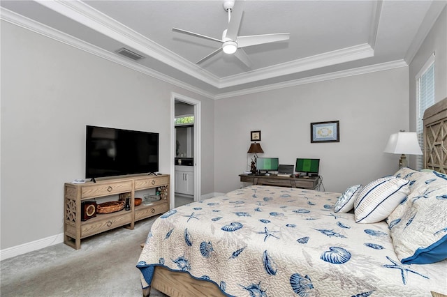 7210 SW 179th Ct, Dunnellon, FL 34432 - bedroom with a tray ceiling, carpet, crown molding, baseboards, and a ceiling fan