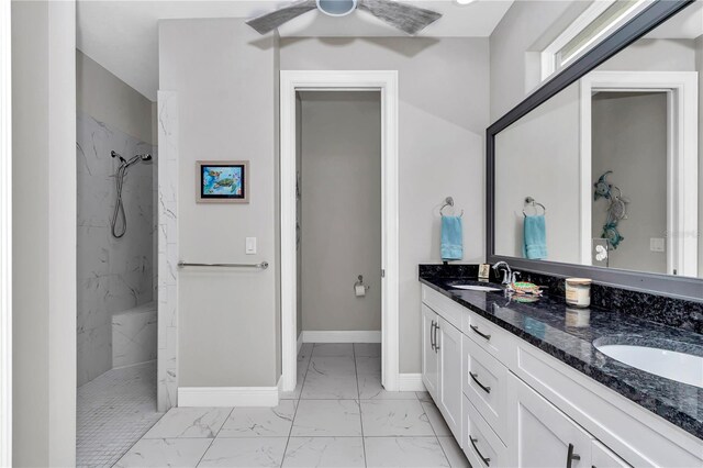7210 SW 179th Ct, Dunnellon, FL 34432 - bathroom featuring marble finish floors, a marble finish shower, double vanity, ceiling fan, and baseboards
