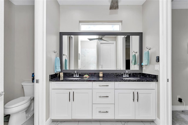7210 SW 179th Ct, Dunnellon, FL 34432 - bathroom featuring toilet, double vanity, baseboards, and a tile shower