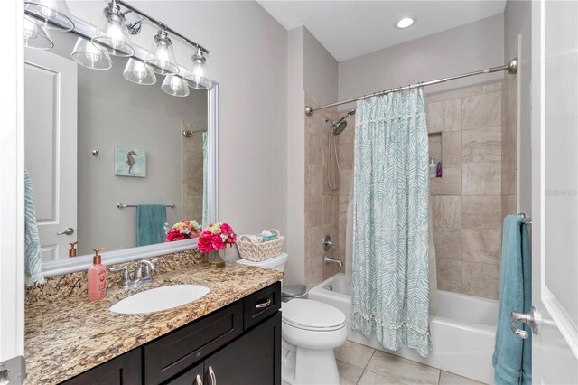 7210 SW 179th Ct, Dunnellon, FL 34432 - bathroom with vanity, shower / bathtub combination with curtain, toilet, and tile patterned floors