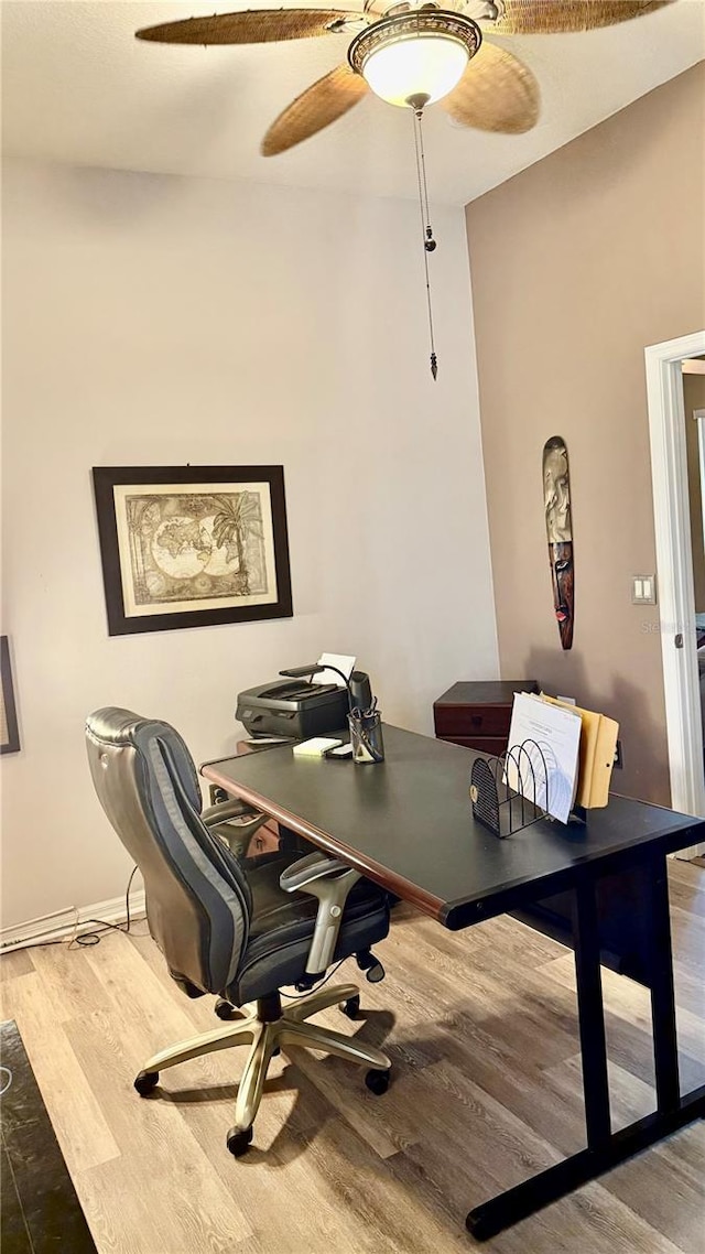 1138 Lumsden Trace Cir, Valrico, FL 33594 - home office with wood finished floors, a ceiling fan, and baseboards