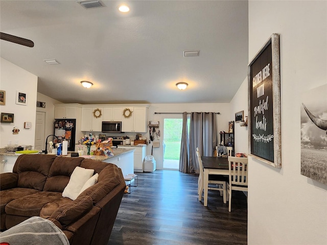 120 Fisher Ct, Ocklawaha, FL 32179 - living area with dark wood-style flooring and lofted ceiling
