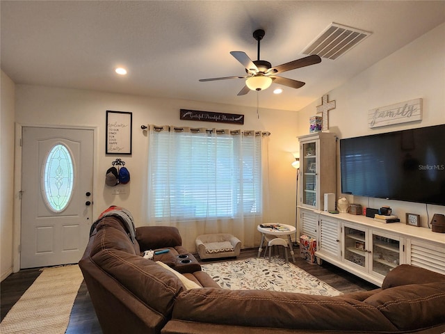 120 Fisher Ct, Ocklawaha, FL 32179 - living room with a ceiling fan, dark wood-style flooring, and recessed lighting