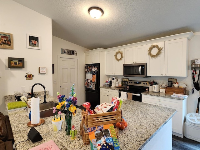 120 Fisher Ct, Ocklawaha, FL 32179 - kitchen with appliances with stainless steel finishes, vaulted ceiling, a sink, white cabinets, and a textured ceiling