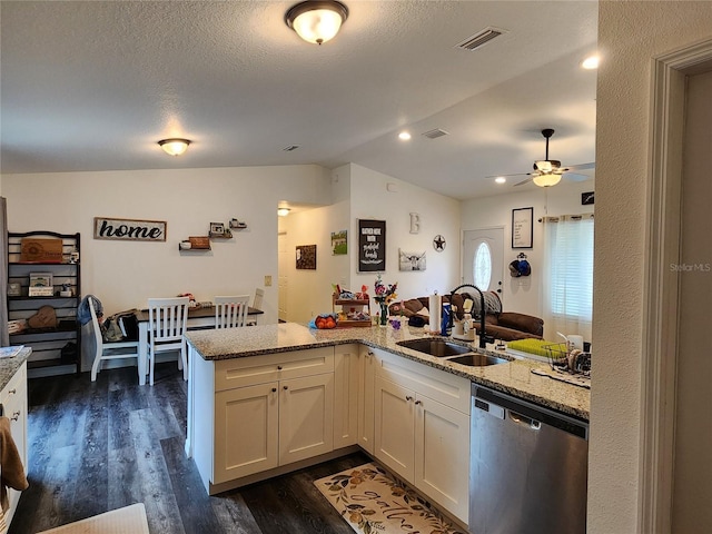 120 Fisher Ct, Ocklawaha, FL 32179 - kitchen featuring dishwasher, a sink, ceiling fan, dark wood-style flooring, and lofted ceiling