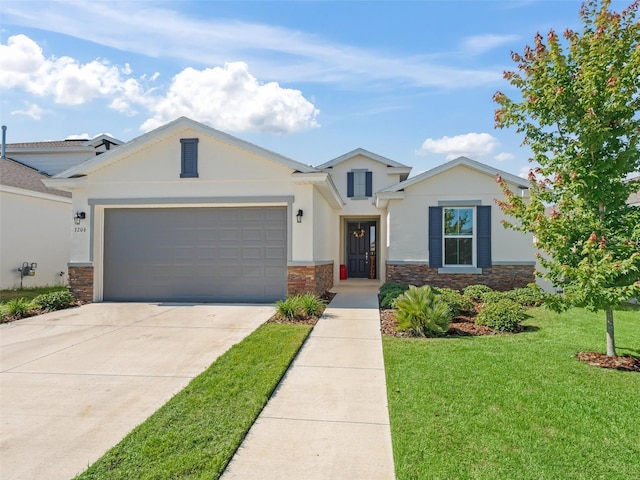 7206 SW 60th Ln, Ocala, FL 34474 - view of front of house featuring stone siding, driveway, a front yard, a garage, and stucco siding