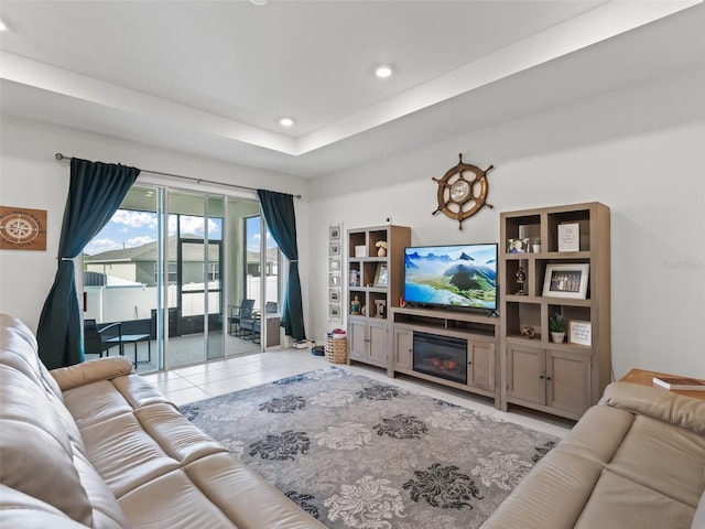 7206 SW 60th Ln, Ocala, FL 34474 - living area with tile patterned flooring, recessed lighting, and a glass covered fireplace