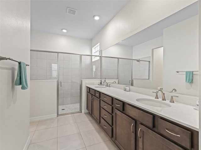 7206 SW 60th Ln, Ocala, FL 34474 - full bathroom with double vanity, a stall shower, and tile patterned flooring