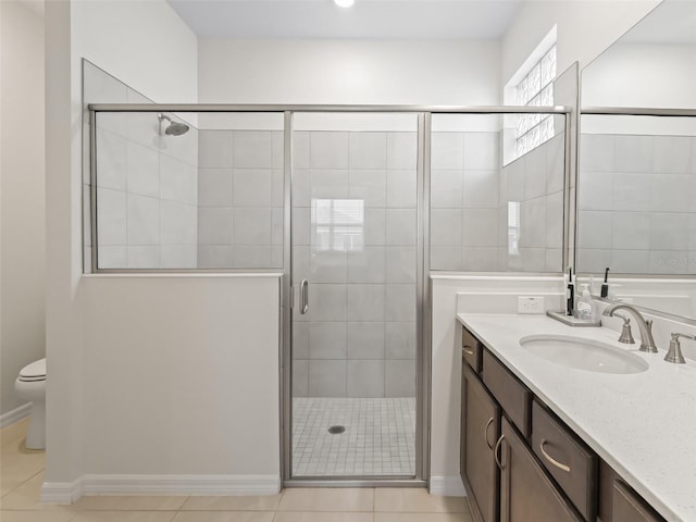 7206 SW 60th Ln, Ocala, FL 34474 - bathroom with toilet, vanity, a stall shower, baseboards, and tile patterned flooring
