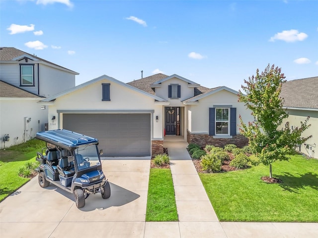7206 SW 60th Ln, Ocala, FL 34474 - view of front facade featuring concrete driveway, stucco siding, a garage, a front lawn, and stone siding
