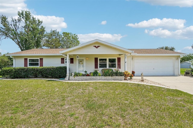 6448 SW 111th Pl, Ocala, FL 34476 - ranch-style house with concrete driveway, an attached garage, a front lawn, and a porch