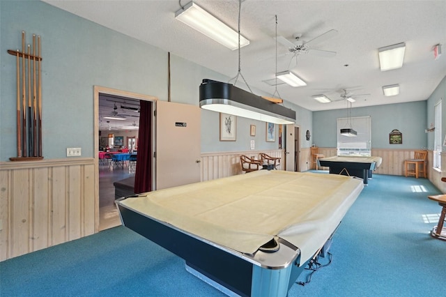 6448 SW 111th Pl, Ocala, FL 34476 - recreation room with carpet flooring, ceiling fan, wainscoting, billiards, and wooden walls