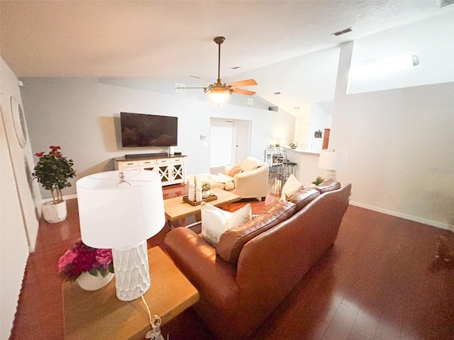 5263 NW 62nd Ave NW, Ocala, FL 34482 - living room featuring lofted ceiling, a ceiling fan, and baseboards